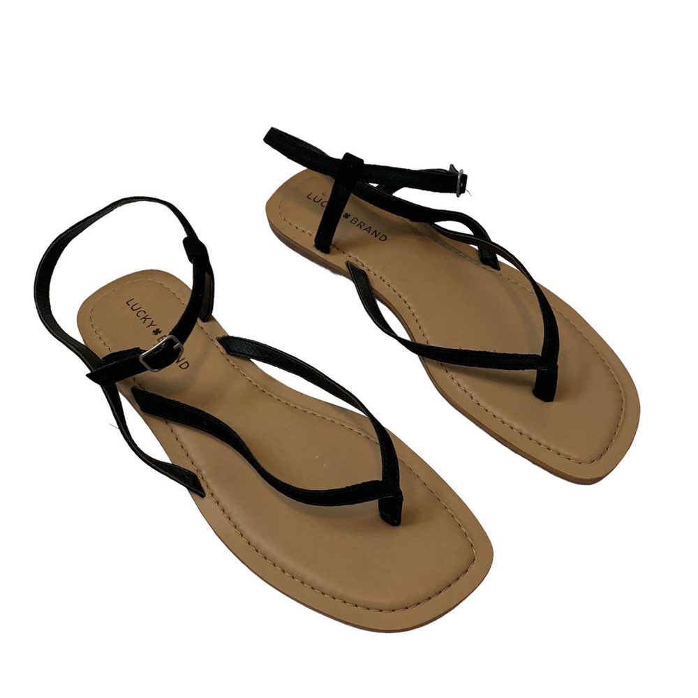 Lucky Brand Womens Bylee Square-Toe Black Leather Thong Flat Sandals 11